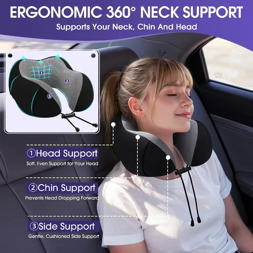 Vista 2 de CloudBliss Almohada de viaje de espuma viscoelástica de alta calidad, almohada cervical cómoda y de apoyo, almohadas cervicales para viajar