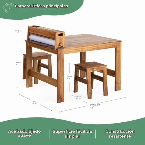Vista 3 de Guidecraft Juego de mesa y taburete de arte para exteriores Acadia: mesa de madera de acacia para niños con 2 sillas, rollo de papel