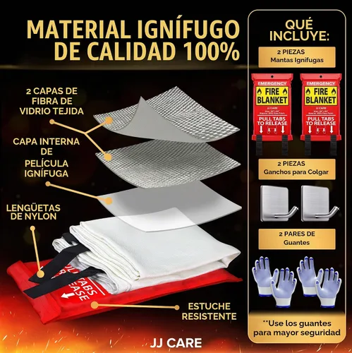 Vista 2 de JJ CARE Manta contra incendios – 2 paquetes con ganchos y guantes – Manta de emergencia contra incendios para el hogar y la cocina, mantas
