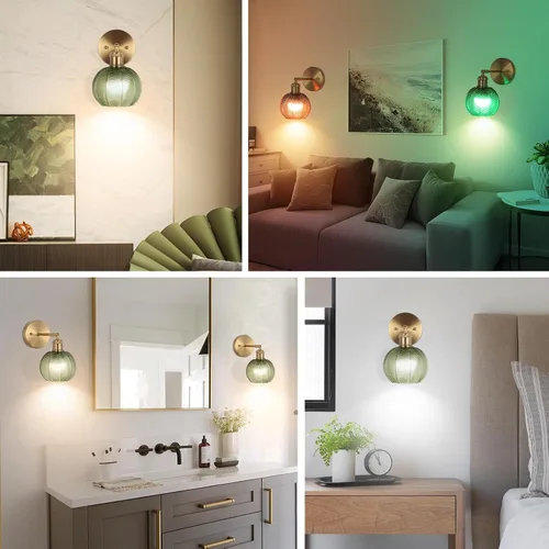 Vista 8 de Juego de dos apliques de pared vintage, funciona con pilas, con pantalla de cristal de tulipán verde oscuro, lámpara de pared recargable con control