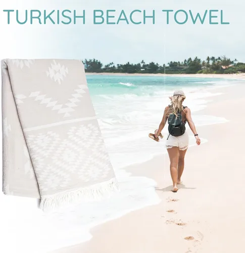 Vista 7 de Toalla de Playa Turca Premium – 100% Algodón Natural, Secado Rápido, Sin Arena, Toalla de Playa de Tamaño Grande 35"x67" – Ideal para Viajes Beige