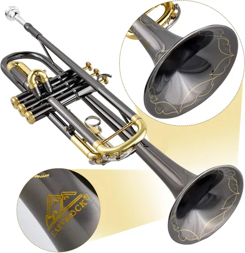 Vista 6 de EASTROCK Bb Trumpet Juego de trompeta estándar con estuche de transporte, guantes, boquilla 7C, kit de limpieza, varilla de afinación, níquel negro