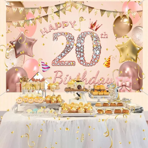 Vista 3 de Cartel de tela con texto en inglés "Happy 20th Birthday" para niñas y mujeres jóvenes de 20 años, cartel de tela para fiesta de cumpleaños de mujer