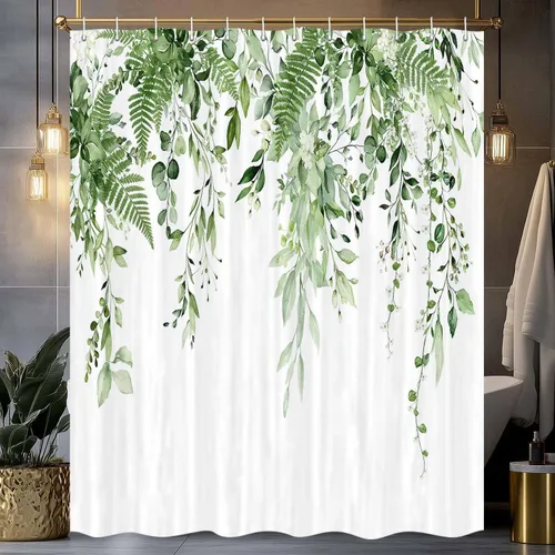 Vista 12 de Cortina de ducha de eucalipto azul, juego de cortinas de ducha de eucalipto con hojas de acuarela impermeables, cortinas de baño de tela con hojas
