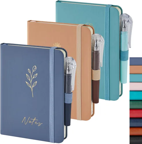Vista 31 de Paquete de 3 cuadernos rayados con bolígrafo, cuadernos A5 (5.7 x 8.4 pulgadas) de tapa dura de cuero para mujeres y hombres, trabajo, 160 páginas
