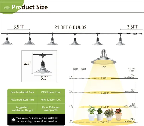 Vista 3 de Luz LED de cultivo para exteriores con temporizador, tira de luz de crecimiento de espectro completo de 6 bombillas, lámparas de plantas