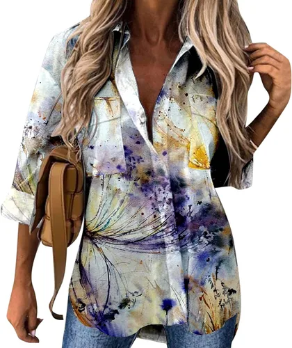Vista 5 de Camisa casual de moda para mujer, camisa de manga larga con botones, camisa de moda con cuello abatible, camisa con botones