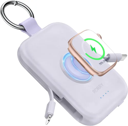 Vista 16 de RORRY Cargador portátil, batería externa portátil de 5000 mAh con cables integrados, paquete de batería en llavero de viaje para Apple Watch Negro
