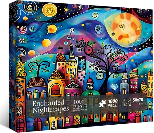 Vista 2 de Rompecabezas de casas coloridas para adultos de 1000 piezas, rompecabezas de paisaje nocturno de pueblo, rompecabezas abstracto de cielo estrellado