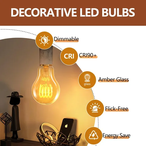 Vista 4 de HESSION Bombillas LED Edison A19 vintage, equivalente a 4 W, bombillas LED regulables de 40 W, 400 lúmenes, bombillas cálidas ámbar de 2300 K, base