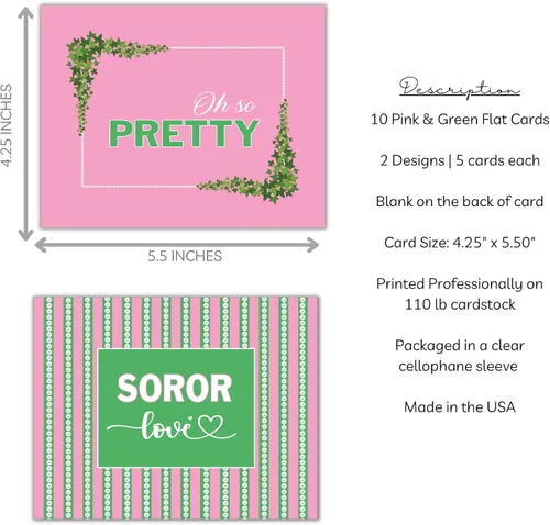 Vista 4 de 10 tarjetas planas rosas y verdes Inspirado en la hermandad Juego de tarjetas de Hermandad, Soror y Oh So Pretty