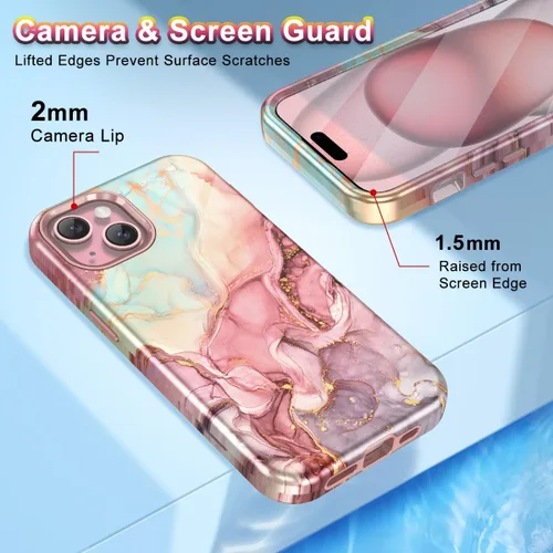 Vista 4 de Btscase Funda para iPhone 15 de 6.1 pulgadas (2023), patrón de mármol 3 en 1, resistente a prueba de golpes, cuerpo completo, policarbonato