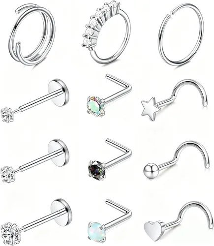 Vista 28 de Nose Rings Hoop and Nose Studs Sets for Women Men,Hypoallergenic 316L Surgical Stainless Steel Hinged Clicker Segment Nose Rings Hoop Helix
