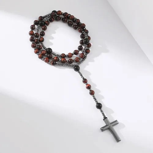 Vista 5 de Yumikoo Collar de cuentas de rosario de crucifijo de Jesús para hombres y mujeres, collar de cruz de hematita y ágata negra mate