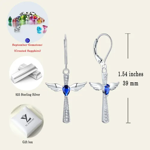 Vista 6 de YL Pendientes de cruz de plata de ley 925 con alas de ángel, pendientes de lágrima y piedras natales colgantes, Metal