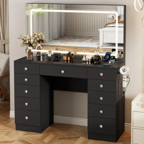 Vista 7 de Escritorio tocador Otterease con espejo y luces, escritorio de maquillaje con 11 cajones, tocador de maquillaje con superficie de vidrio templado, 3