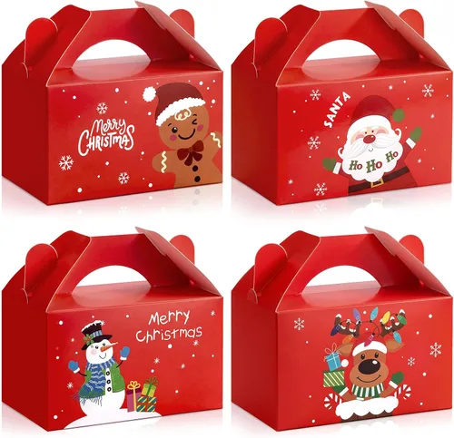 Vista 13 de Cholemy 50 piezas de cajas de regalo de Navidad con asa, cajas de diseño rojo y blanco, cajas de galletas y dulces de Navidad, cajas de papel