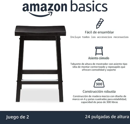Vista 3 de Amazon Basics Taburetes de bar de madera maciza para isla de cocina con reposapiés, 24 pulgadas de altura, negro, juego de 2
