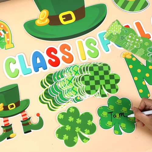 Vista 5 de gisgfim Juego de decoración de tablón de anuncios del día de San Patricio, recortes de bordes de trébol de la suerte para fiestas, escuela, aula