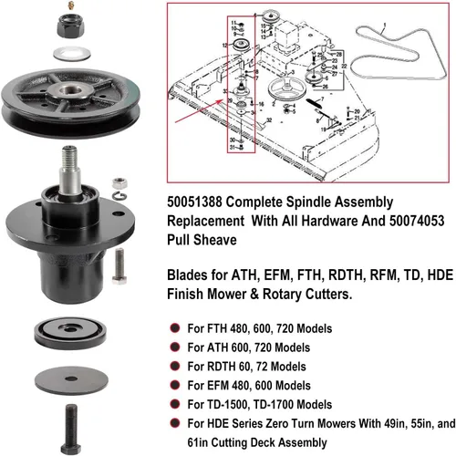 Vista 3 de Kit completo de ensamblaje de eje 50051388, piezas de repuesto y polea de tracción 50074053 con todos los accesorios. Compatible con Bush Hog RDTH
