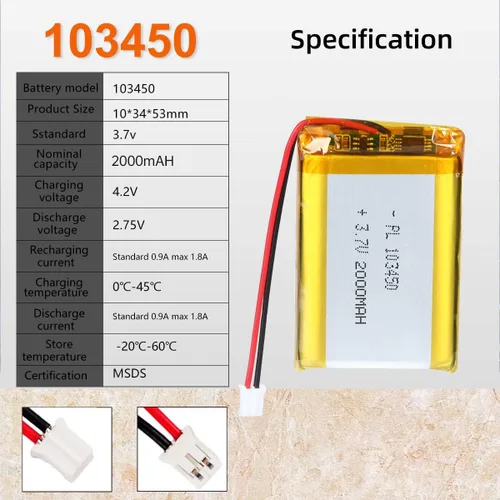 Vista 3 de 3.7V 2000mAh Batería 103450 Li-ion Li-ion recargable Li-ion Li-Po Batería con 2P PH 0.079 in Pitch Connector