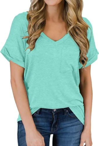 Vista 26 de Miholl Camiseta holgada, informal, de manga corta, con cuello en V, para mujer Blanco (02 White)