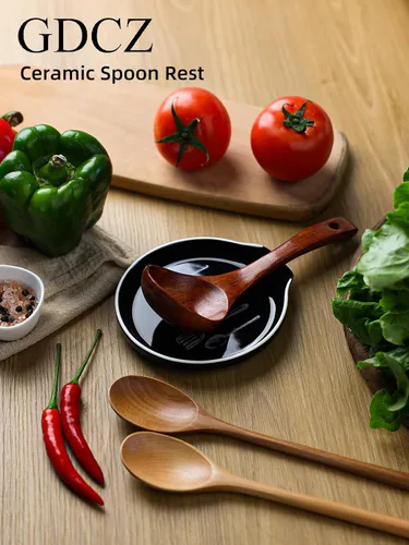 Vista 5 de GDCZ - Soporte de cuchara de cerámica de 5 pulgadas para encimera de cocina y estufa (negro, 1) 5 Inch Round Spoon Rest, Grooved Slot, Keeps