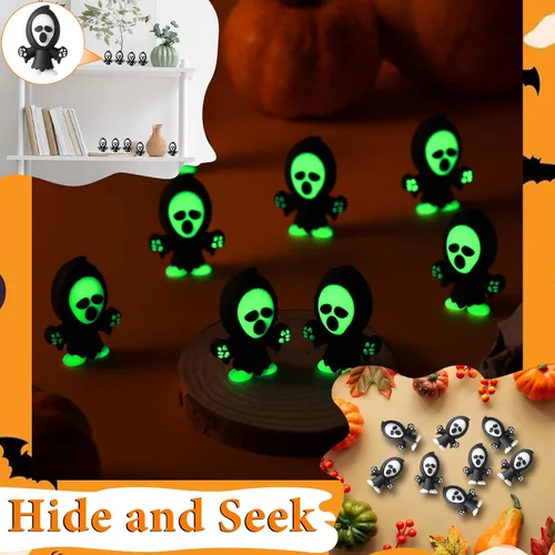 Vista 5 de VioraWhite 25 mini figuras de fantasmas que brillan en la oscuridad, pequeñas figuras de diablo para esconderse y buscar, pequeña estatua luminosa