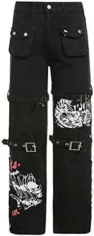 Vista 5 de NUFIWI Pantalones estilo cargo góticos para mujer, holgados, de cintura baja, pierna ancha, holgados, estilo Harajuku, ropa de calle punk