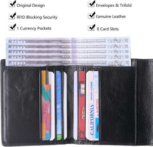 Vista 2 de Borgasets Cartera pequeña para mujer, de piel auténtica, con bloqueo RFID, organizador de bolsillo, compacto, plegable, mini bolso para mujer
