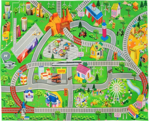 Vista 4 de Alfombra de juego infantil de doble cara con trenes, coches, carreteras, ciudad