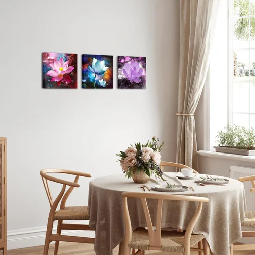 Vista 3 de Biuteawal 3 paneles de flores arte de pared de loto floreciente imagen elegante rosa azul púrpura pintura floral lienzo enmarcado moderno hogar