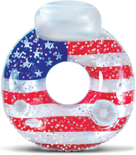 Vista 8 de POZA Flotador inflable de piscina de Estados Unidos – Lujosa tumbona divertida llena de confeti de estrellas plateadas brillantes, diseño de bandera
