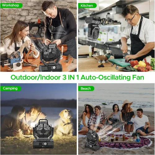 Vista 6 de Ventilador recargable de camping con linterna LED, 20,000 mAh, ventilador de escritorio auto-oscilante recargable con batería, control remoto