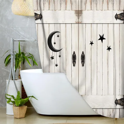 Vista 3 de JAWO Cortina de ducha con puerta de granero, de madera rústica, de madera blanca, Islam, luna creciente y estrella, cortina de ducha moderna