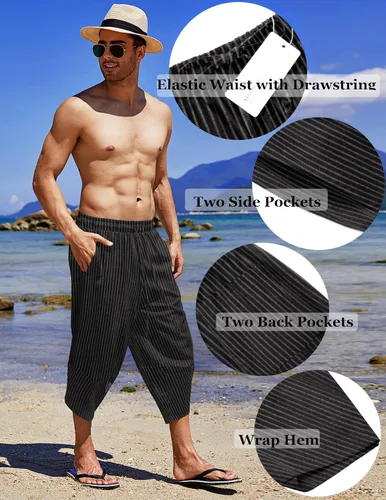 Vista 5 de COOFANDY Pantalones capri harén de lino para hombre, ligeros, sueltos, 34, con cordón elástico, cintura elástica, pantalones casuales para yoga