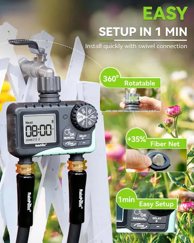 Vista 7 de RAINPOINT Temporizador de agua para manguera de jardín, temporizador de rociador de 2 zonas con retardo de lluvia, riego manual, riego automático