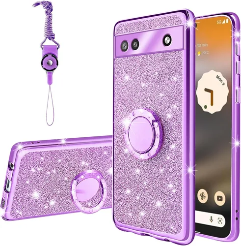 Vista 19 de Funda compatible con Google Pixel 6 Pro para mujer, con purpurina, suave, elegante, transparente, TPU de lujo, bonita funda protectora con correa