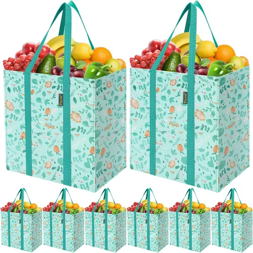 Vista 22 de BALEINE Paquete de 2 bolsas de comestibles reutilizables con parte inferior reforzada, bolsas plegables resistentes (follaje antiguo)