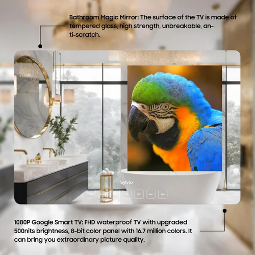 Vista 5 de SYLVOX TV Inteligente de 19'' Espejo Mágico de Baño Resistente al Agua LED TV 1080P 500NITS Alto Brillo Altavoces Frontales Duales Montaje en Pared