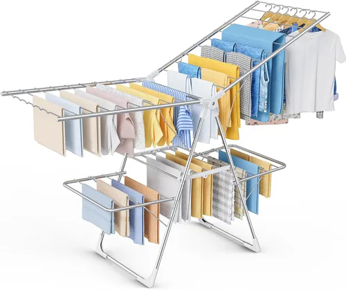 Vista 10 de Sakugi Escurridor de ropa, plegable de 2 niveles con alas ajustables en altura, para ropa y ropa de cama, estante independiente que ahorra espacio