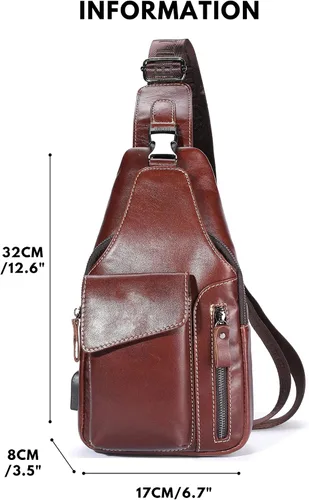 Vista 2 de Bolso bandolera pequeño de cuero para mujeres y hombres, bolsa cruzada, bolsa de pecho, mochila de viaje de hombro, resistente al agua, Caoba