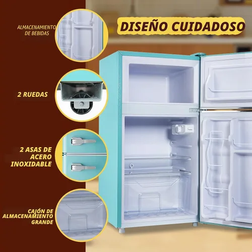 Vista 5 de Mini nevera con freezer, refrigerador pequeño de doble puerta con estantes de vidrio extraíbles, 7 ajustes de temperatura, mango desmontable