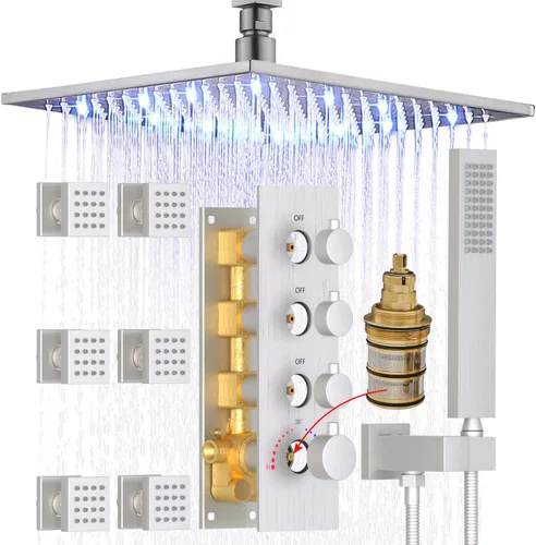 Vista 12 de HOMEDEC Sistema de ducha de lluvia LED de 16 pulgadas, válvula desviadora termostática de 3 vías con 6 pulverizadores corporales, todas las Negro