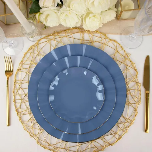Vista 195 de Tableclothsfactory Paquete de 10 platos redondos de plástico negro de 6 pulgadas para ensalada de postre, platos desechables con borde ondulado