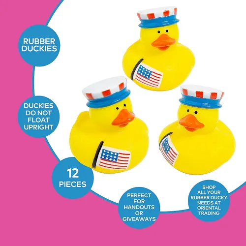 Vista 3 de Fun Express Paquete de 12 regalos de fiesta de patos patrióticos de goma, mini patitos a granel para cumpleaños de niños, premios de aula, juguetes