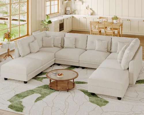 Vista 15 de LLappuil Sofá seccional modular con asientos de almacenamiento, sofá seccional convertible modular en forma de U de pana para sala de estar, sofá