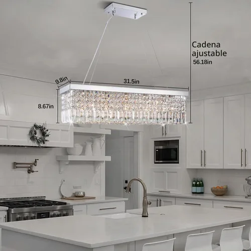 Vista 6 de Candelabro moderno de vidrio de gotas para iluminación de techo de Ella Fashion®, hermosa lámpara de techo con brazos, Rectangle Chandeliers 11