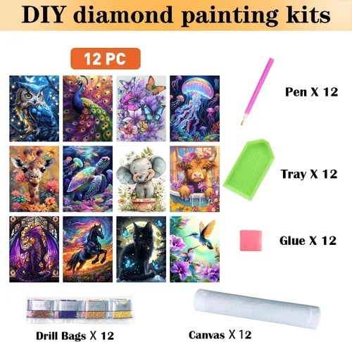 Vista 5 de CraftCraze Paquete de 12 Kits de Pintura de Arte de Diamantes de Animales para Adultos - Puntos de Diamante 5D para Adultos Principiantes, Kit