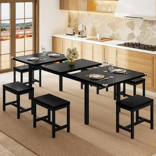 Vista 13 de Einhomn Juego de Mesa de Comedor de 5 Piezas para 4-6, Mesa de Cocina Extensible de 63" con 2 Bancos y 2 Taburetes, Estructura de Metal y Tablero